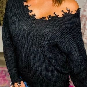 Black frayed knit sweater